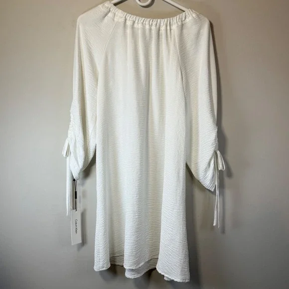 NWT Calvin Klein White Sheath Dress Boat Neckline Tied, Ruched Sleeve Women's 6 - Picture 2 of 6
